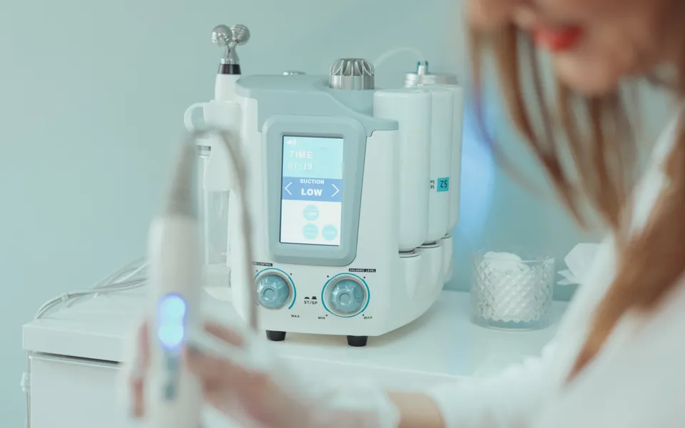 Praticienne guidant l’embout lumineux d’un appareil d’hydradermabrasion sur le visage d’une cliente