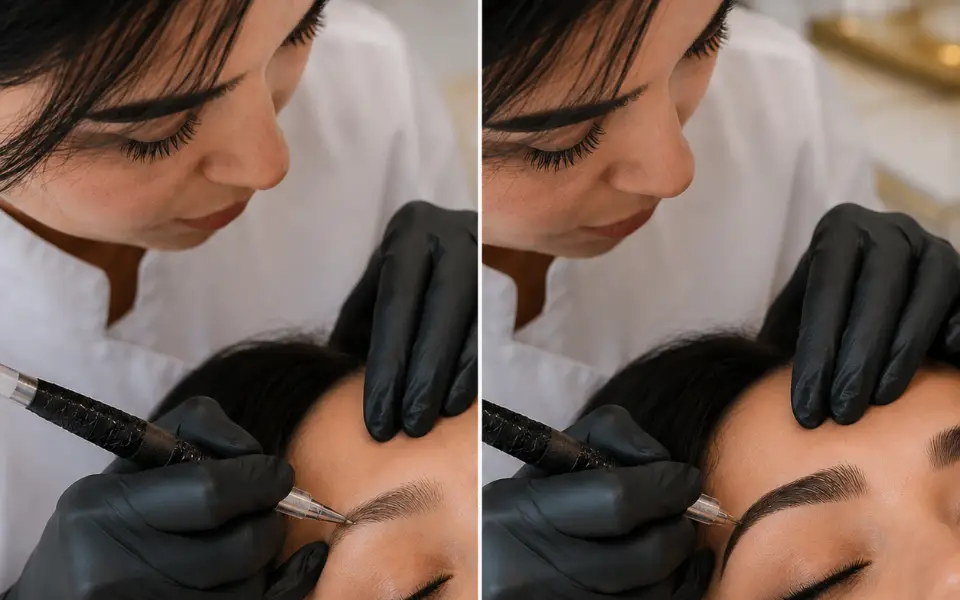 Comparaison avant et après un microblading : sourcil clairsemé à gauche, redessiné poil par poil à droite