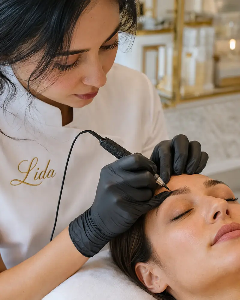 Praticienne gantée, en tunique brodée Lida, traçant un sourcil au stylet lors d’une séance de maquillage semi-permanent